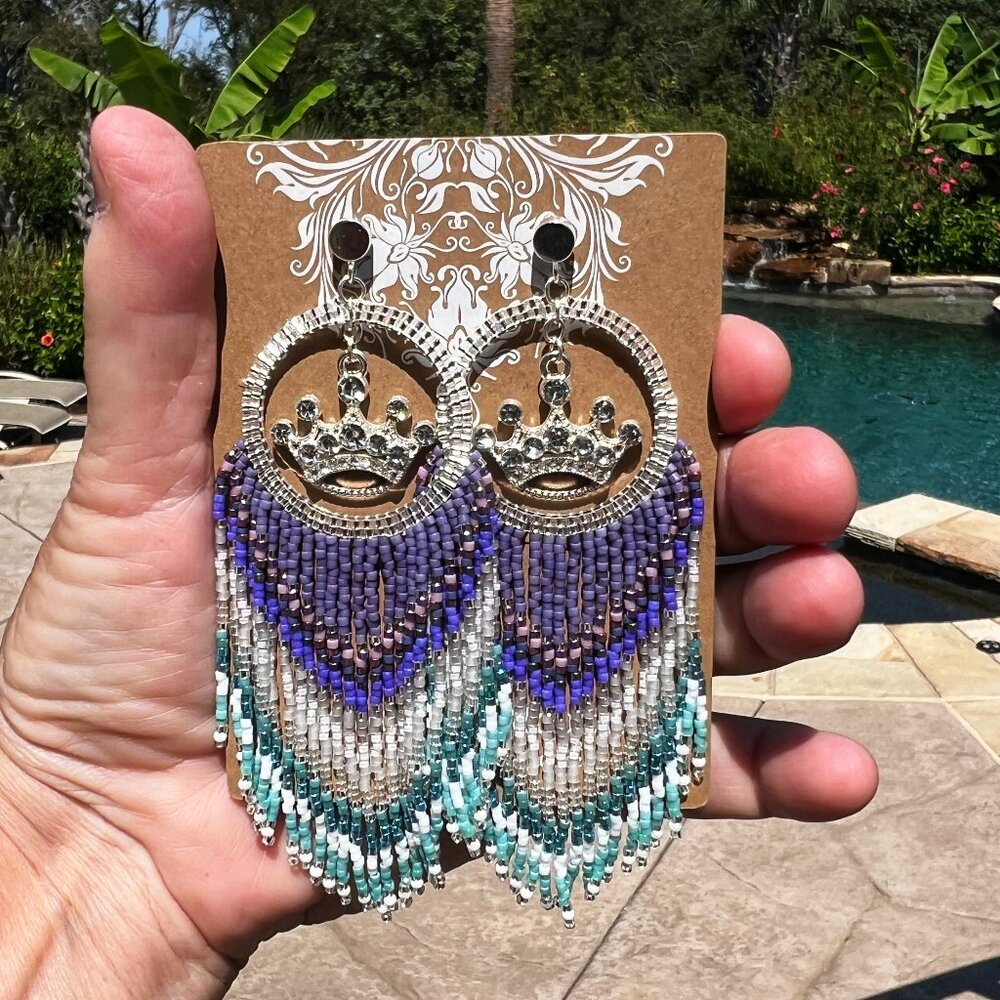Handmade Beaded Queen Long Fringe Dangle Drop Lightweight Post Hoop Earrings - Picture 4 of 8